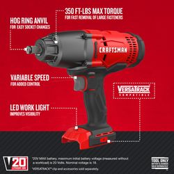 CRAFTSMAN V20 1/2 in. Cordless Brushed Impact Wrench Tool Only