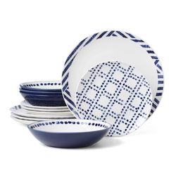 Onieda Entertain 365 Blue/White Porcelain Harbour Dinnerware Set 12 pc