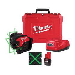 Milwaukee M12 2 beam Self Leveling Green Plumb Points and Cross-Line Laser Kit 125 ft. 1 pc