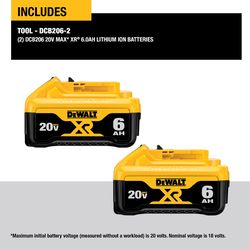 DeWalt 20V MAX XR DCB206-2 6 Ah Lithium-Ion Battery 2 pc