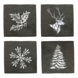 TWINE Rustic Holiday Winter Black Slate Coaster Set