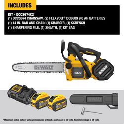 DeWalt 60V MAX DCCS674X2 14 in. 35 cc 60 V Battery Chainsaw Kit (Battery &amp; Charger)