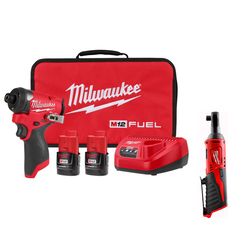 Milwaukee M12 FUEL 1/4 inch Impact Driver Kit with 3/8 inch Ratchet Bundle