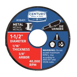 Century Drill & Tool 1-1/2 in. D X 3/8 in. X 1/16 in. thick Aluminum Oxide A36T Cutting/Grinding Whe