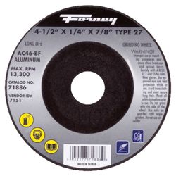 Forney 4-1/2 in. D X 7/8 in. in. X 1/4 in. thick Metal Grinding Wheel 1 pc