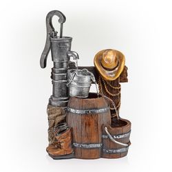 Alpine Polyresin Brown Vintage Pump and Barrel with Cowboy Hat Fountain