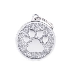 MyFamily Shine Silver White Glitter Paw Metal Cat/Dog Pet Tags Medium