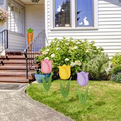 Glitzhome Easter Multicolored Metal 24 in. H X 6 in. L X 1 in. W Tulips Yard Stake Set