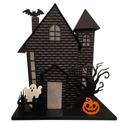 Halloween Haunted House with Bat Projection Haunted House with Bat Orange 12 in. LED Prelit Hallowee