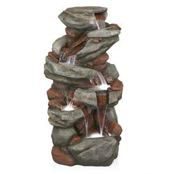 Alpine Polyresin Gray Cascading Stone Fountain with LED Light