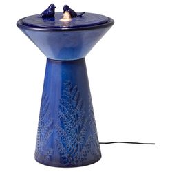 Glitzhome Ceramic Blue 27.5 in. H Two Birds Embossed Plant Pattern Pedestal Fountain