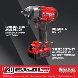 CRAFTSMAN V20 1/2 in. Cordless Brushless Impact Wrench w/Hog Ring Kit (Battery & Charger)