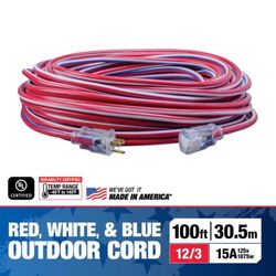 Southwire Wounded Warrior Project Outdoor 100 ft. L Blue/Red/White Extension Cord 12/3