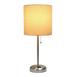 Simple Designs 19.5 in. Brushed Steel Tan Table Lamp with Charging Outlet