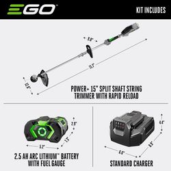 EGO Power+ ST1502SA 15 in. 56 V Battery String Trimmer Kit (Battery & Charger) SPLIT SHAFT W/ RAPID RELOAD & 2.5 AH BATTERY
