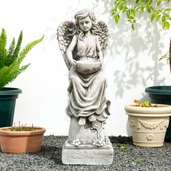 Glitzhome Fiberglass/MGO Gray 31.25 in. Angel/Birdbath Garden Statue