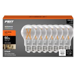 Feit A19 E26 (Medium) Filament LED Bulb Soft White 60 Watt Equivalence 8 pk