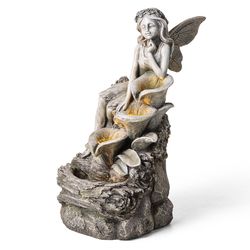 Glitzhome Polyresin/Stone Gray 22.75 in. H Concrete Fairy Outdoor Fountain