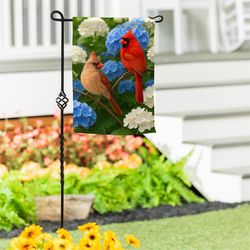 Evergreen Cardinal Couple Among Hydrangeas Suede Garden Flag 18 in. H X 12.5 in. W