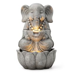 Glitzhome Polyresin/Stone Gray 21.75 in. H Zen-Style Elephant Outdoor Fountain