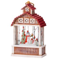 Roman LED Multicolored Swirl Barn Lantern with Red Roof Indoor Christmas Decor 14 in.