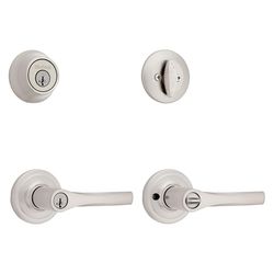 Kwikset Henley SmartKey Security Contemporary Satin Nickel Lever and Single Cylinder Deadbolt KW1 1-