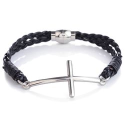 Mad Man Mens Cross Black/Silver Bracelet Leather/Stainless Steel
