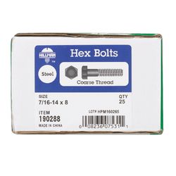 HILLMAN 7/16 in. D X 8 in. L Zinc Plated Steel Hex Bolt 25 pk