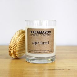 Kalamazoo Candle Company Clear glass jar with white soy wax, wood lid Apple Harvest Scent Apple Harv