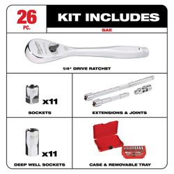 Milwaukee 1/4 in. drive SAE Mechanics Ratchet and Socket Set 90 teeth