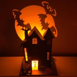 Halloween Haunted House with Bat Projection Haunted House with Bat Orange 12 in. LED Prelit Hallowee