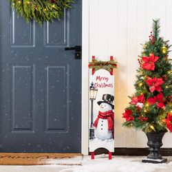 Glitzhome Wooden Christmas Snowman Sleigh Porch Sign 42 in.