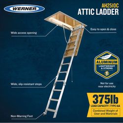 Werner 8 To 10 ft. Ceiling 25 in. x 54 in. Aluminum Attic Ladder Type IAA 375 lb. cap.