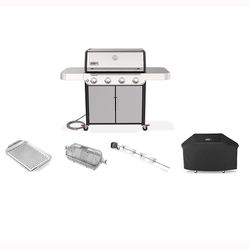 Weber Genesis S-415 NG Grill Bundle: Grill, Cover, Rotisserie, Crispening Basket, Pan