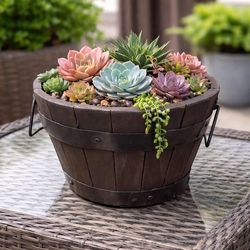 DeVault Enterprises 6 in. H X 10 in. W X 10 in. D Wood Whiskey Barrel Planter Brown