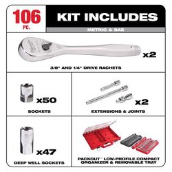 Milwaukee Packout 1/4 and 3/8 in. drive Metric and SAE Ratchet and Socket Set 90 teeth