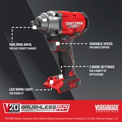 CRAFTSMAN V20 RP 1/2 in. Cordless Brushless Impact Wrench Tool Only