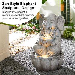 Glitzhome Polyresin/Stone Gray 21.75 in. H Zen-Style Elephant Outdoor Fountain