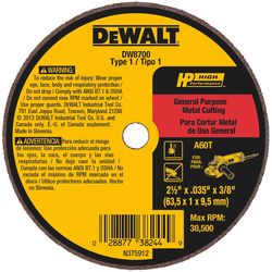 DeWalt 2-1/2 in. D X 3/8 in. X .035 in. thick Aluminum Oxide Cutting Wheel