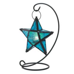 Gallery of Light 14 in. Glass/Metal Sapphire Star Lantern Blue