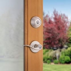 Kwikset SmartKey Tustin Satin Nickel Deadbolt and Entry Door Knob KW1 1-3/4 in.