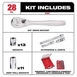 Milwaukee packout 3/8 in. drive SAE 28 Piece Mechanics Ratchet and Socket Set