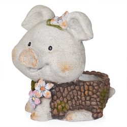 Alpine 13 in. H Magnesia Smiling Pig Planter Gray