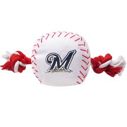 Pets First MLB For Dog Red/White Nylon Milwaukee Brewers Baseball Tug Dog Toy 1 pk