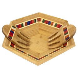 Totally Bamboo Marrakesh Multicolored Bamboo Square Salad Bowl with Servers 3 pc