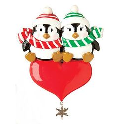 Personalizable Penguin Couple with Heart Ornament