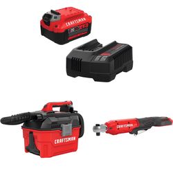 CRAFTSMAN V20 4Ah Battery and Charger Starter Kit with 2Gal Wet/Dry Vac with 3/8-in Ratchet