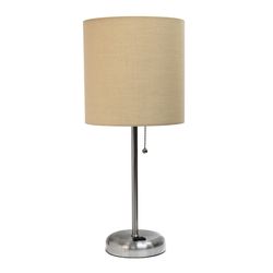 Simple Designs 19.5 in. Brushed Steel Tan Table Lamp with Charging Outlet
