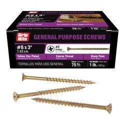 Grip-Rite No. 8 X 3 in. L Phillips Zinc-Plated Coarse Wood Screws 75 pk