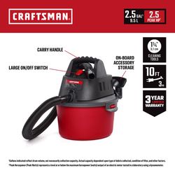 Craftsman CMXEVBE172501 2.5 gal Corded Wet/Dry Vacuum Tool Only 3 amps 120 V 2.5 HP